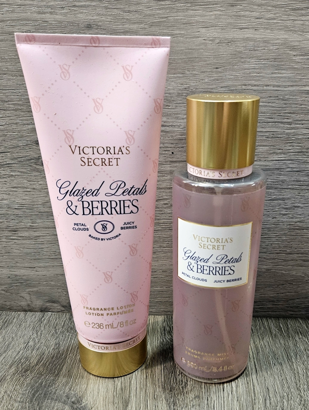Victoria's Secret Glazed Petals & Berries Fragrance SET 8.4&8oz NEW BAKED BY VS